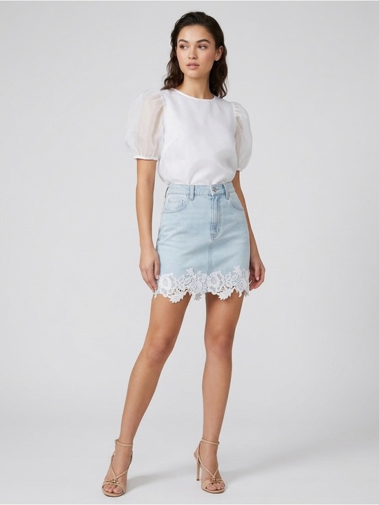 Generation Love Dresses & Skirts - Generation Love Light Blue Denim Mini Skirt with White Lace Hem